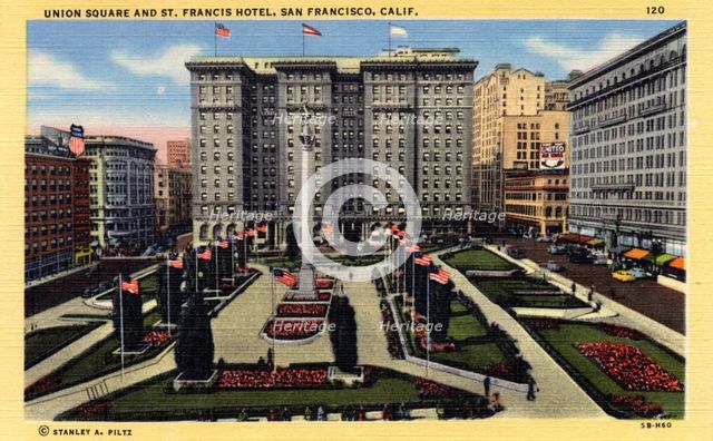Union Square and St Francis Hotel, San Francisco, California, USA, 1945. Artist: Unknown