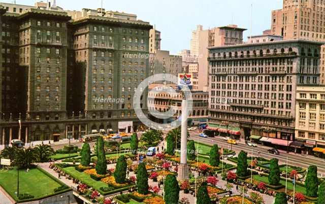 Union Square, showing the St Francis Hotel, San Francisco, California, USA, 1957. Artist: Unknown