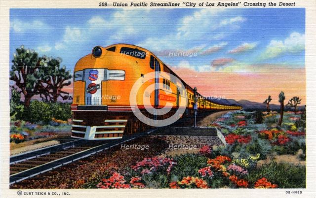 Union Pacific streamliner 'City of Los Angeles' crossing the desert, USA, 1940. Artist: Unknown