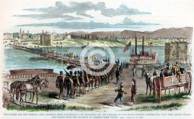 Union volunteers crossing the Ohio River, Cincinnati, Ohio, American Civil War, c1862. Artist: Unknown