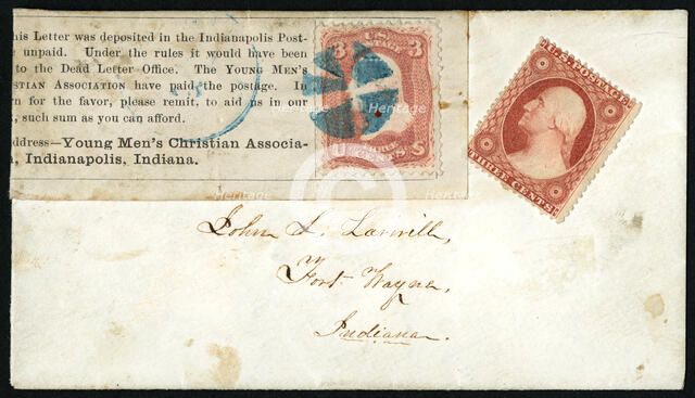 Union YMCA paid postage in lieu of old stamp on cover, 1861. Creator: Unknown.