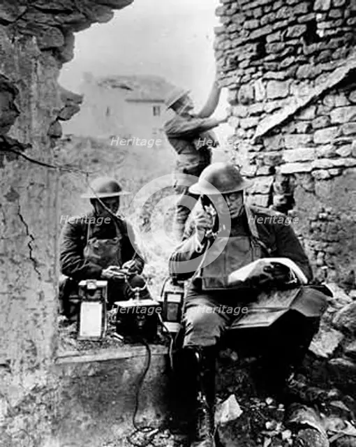 United States Army Signal Corps using captured German telephone equipment, World War 1. Artist: Unknown