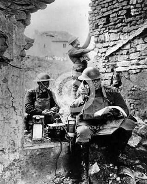 United States Army Signal Corps using captured German telephone equipment, World War 1. Artist: Unknown
