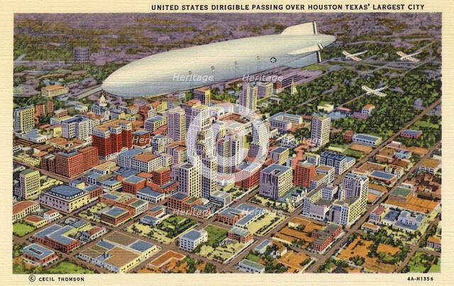 'United States dirigible passing over Houston, Texas' largest city', USA, 1934. Artist: Unknown