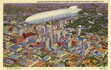 United States dirigible passing over Houston, Texas largest city USA, 1934