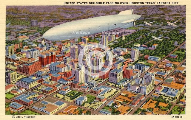 'United States dirigible passing over Houston, Texas' largest city', USA, 1934. Artist: Unknown