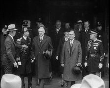 United States of America's President Herbert Clark Hoover Emerging from a Building with the..., 1930 Creator: British Pathe Ltd
