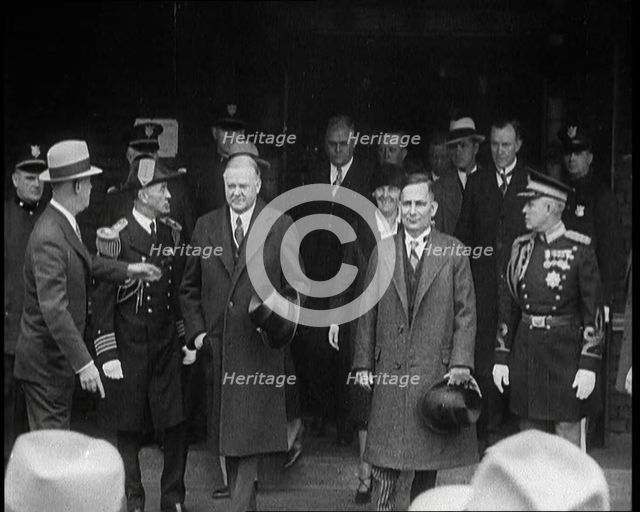 United States of America's President Herbert Clark Hoover Emerging from a Building with the..., 1930 Creator: British Pathe Ltd.
