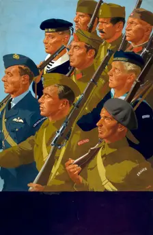 Unity of Strength - Free European servicemen marching World War II poster, between 1939 and 1946. Creators: Central Office of Information, William Little