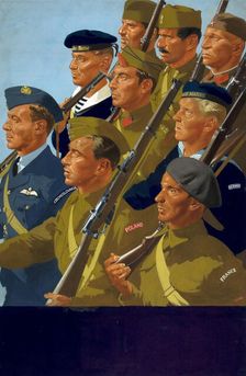 Unity of Strength - Free European servicemen marching World War II poster, between 1939 and 1946. Creators: Central Office of Information, William Little