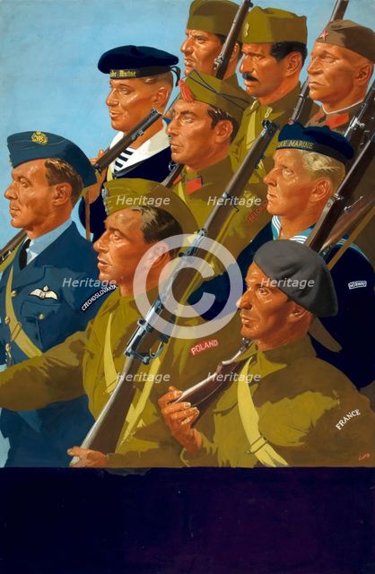 Unity of Strength - Free European servicemen marching World War II poster, between 1939 and 1946. Creators: Central Office of Information, William Little.