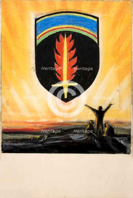 Unity of Strength WWII poster: Shield with flaming sword on golden sky..., between 1939 and 1946. Creators: Central Office of Information, Unknown.