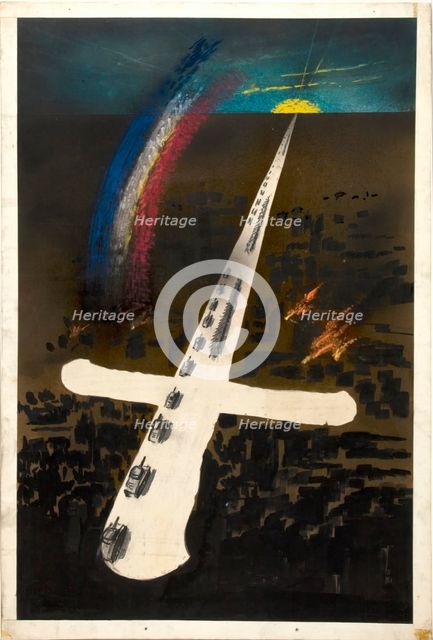 Unity of Strength WWII poster: Tanks pointing into sun on horizon..., between 1939-1946. Creators: Central Office of Information, Unknown.