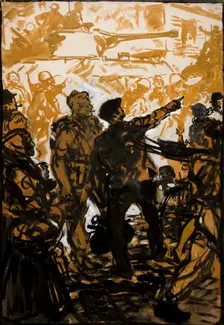Unity of Strength WWII poster: Troops and tank moving through crowded..., between 1939 and 1946. Creators: Central Office of Information, Unknown