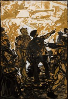 Unity of Strength WWII poster: Troops and tank moving through crowded..., between 1939 and 1946. Creators: Central Office of Information, Unknown