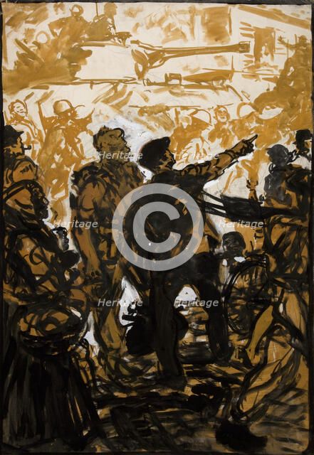 Unity of Strength WWII poster: Troops and tank moving through crowded..., between 1939 and 1946. Creators: Central Office of Information, Unknown.