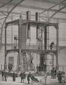 Universal Exhibition of Paris: Distillation machinery installed in the Galerie des machines, 1878. Creator: Unknown
