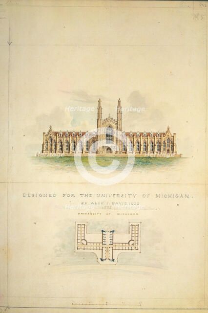 University of Michigan (elevation and plan), 1838. Creator: Alexander Jackson Davis.