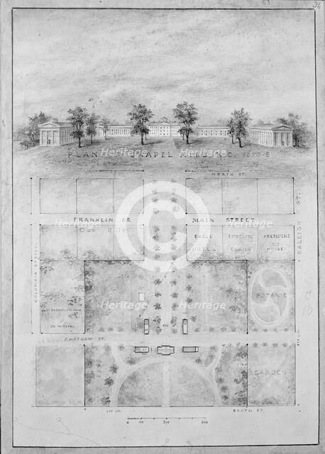 University of North Carolina, Chapel Hill (distant perspective and plan of grounds), 1850-58. Creator: Alexander Jackson Davis.