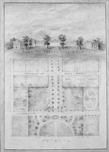 University of North Carolina, Chapel Hill (distant perspective and plan of grounds), 1850-58. Creator: Alexander Jackson Davis