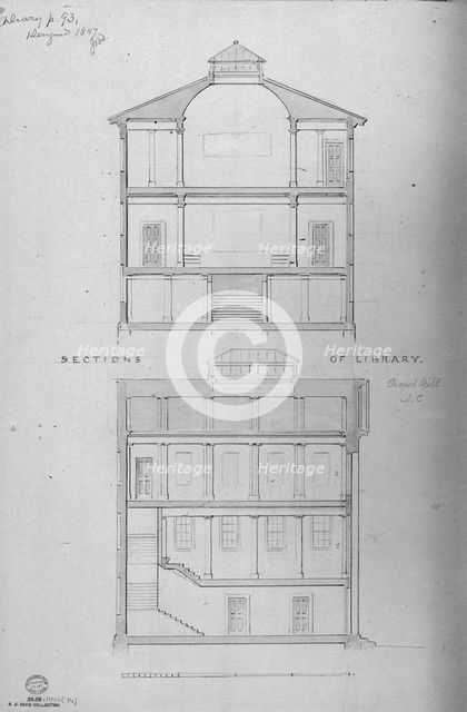 University of North Carolina, Chapel Hill, Student Libraries (two sections), 1850-58. Creator: Alexander Jackson Davis.