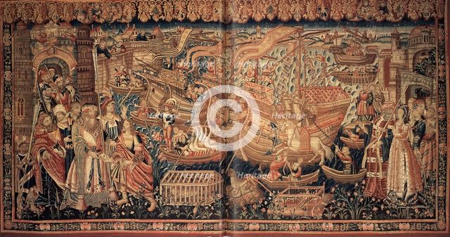 Unloading of Goods: Vasco da Gama's arrival at Calicut (Tapestry), 1504. Creator: Anonymous master.