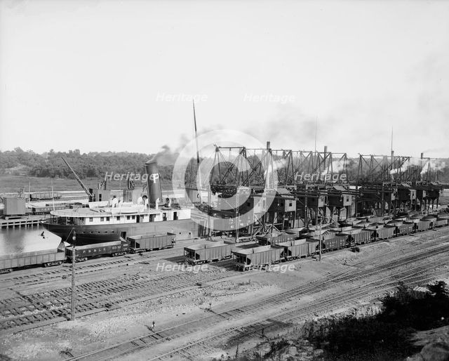 Unloading ore at Conneaut, Ohio, Brown conveying hoists, ca 1900. Creator: Unknown.