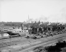 Unloading ore at Conneaut, Ohio, Brown conveying hoists, ca 1900. Creator: Unknown