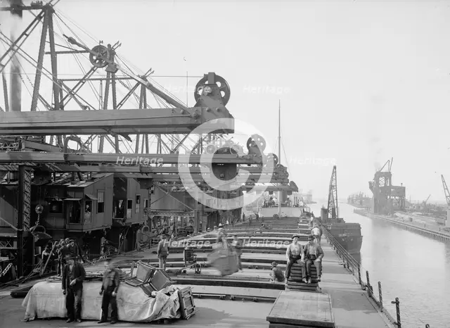 Unloading ore at Conneaut, Ohio, Brown conveying hoists, between 1900 and 1906. Creator: Unknown.
