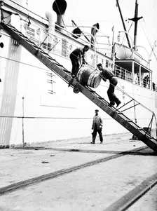 Unloading a barrel from a ship down a gangway, London, c1905