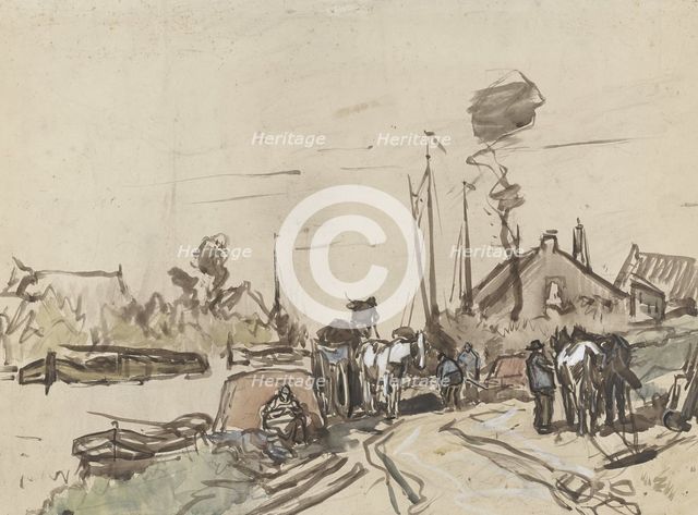 Unloading carts at a canal, 1864-1936. Creator: Johannes Cornelis van Essen.
