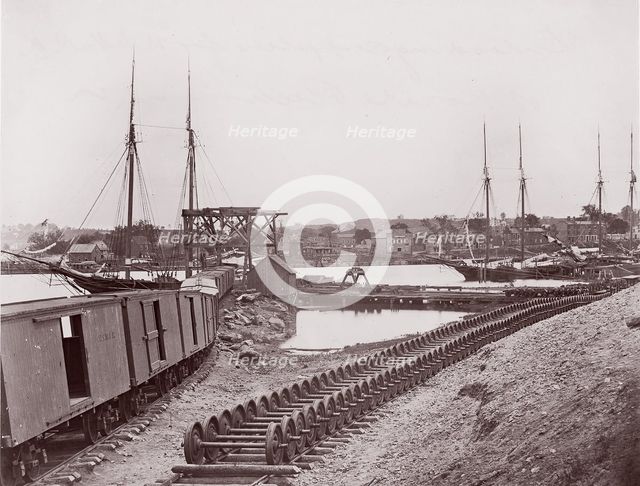 Unloading Supplies for U.S. Military Railroad opposite Richmond, Virginia, ca. 1865. Creator: Unknown.