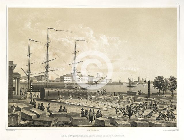 Unloading two column at the Admiralty (From: The Construction of the Saint Isaac's Cathedral), 1845. Artist: Montferrand, Auguste, de (1786-1858)