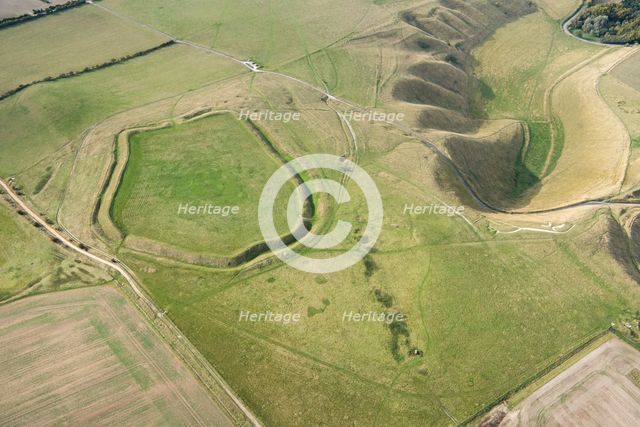 Uffington Castle hillfort and the Uffington White Horse chalk hill figure, Oxfordshire, 2019. Creator: Damian Grady.