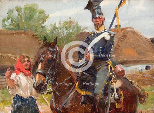 Uhlan with a Girl, between 1925-1930. Creator: Wojciech Kossak.