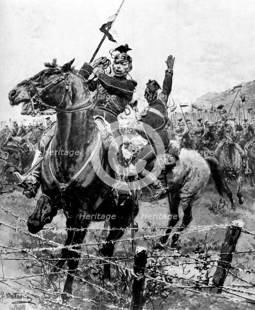 Uhlans checked by barbed wire near Liege, Belgium, First World War, 1914. Artist: Unknown
