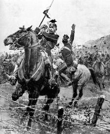 Uhlans checked by barbed wire near Liege, Belgium, First World War, 1914