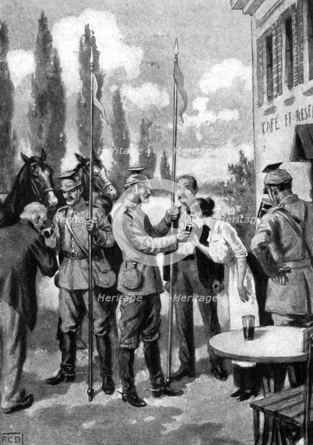 'Uhlans demanding refreshments from Belgian villagers', First World War, 1914. Artist: Unknown