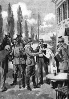 Uhlans demanding refreshments from Belgian villagers First World War, 1914