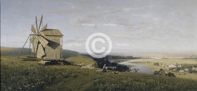 Ukrainian landscape with windmill, 1882. Artist: Orlovsky, Vladimir Donatovich (1842-1914)