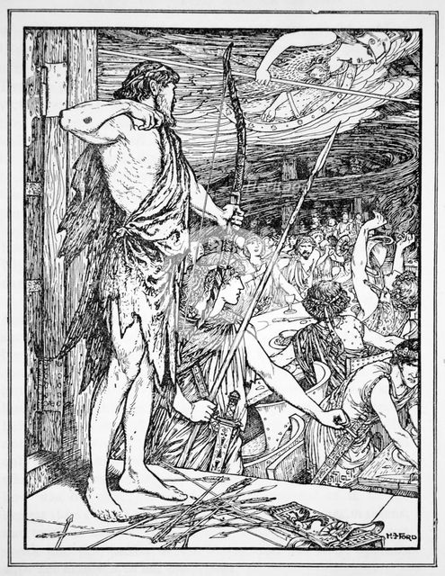 'Ulysses Shoots the First Arrow at the Wooers', 1926.  Creator: Henry Justice Ford.