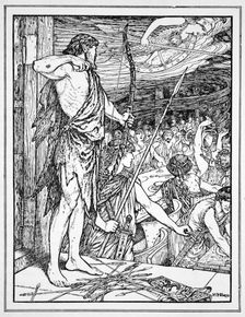 Ulysses Shoots the First Arrow at the Wooers 1926. Creator: Henry Justice Ford