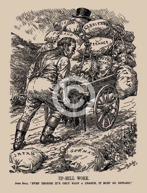 Up-Hill Work. John Bull. "Even though it's only half a league, it must go onward", 1935. Creator: Partridge, Sir Bernard (1861-1945).