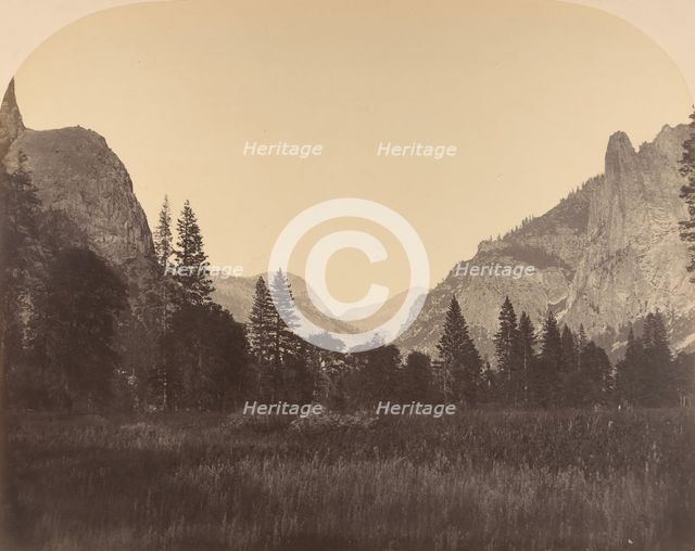 Up the Valley, North Dome in Center, Sentinel on Left, 1861. Creator: Carleton Emmons Watkins.
