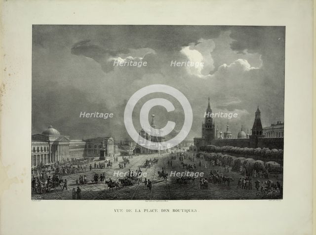 Upper Trading Rows at the Red Square in Moscow, c. 1830. Artist: Cadolle, Auguste Jean Baptiste Antoine (1782-1849)