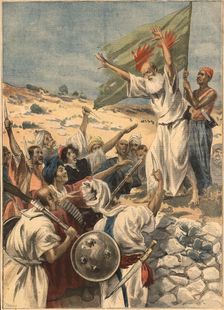 Uprising in India against British domination, prophet preachint to the people the holy war, engr…