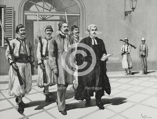 Urabi and the Honourable Mark Napier on their way from the prison to the Court...Cairo, 3 Dec 1882. Creator: Tomás Carlos Capuz.