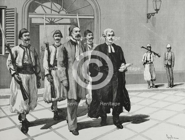 Urabi and the Honourable Mark Napier on their way from the prison to the Court...Cairo, 3 Dec 1882. Creator: Tomás Carlos Capuz.