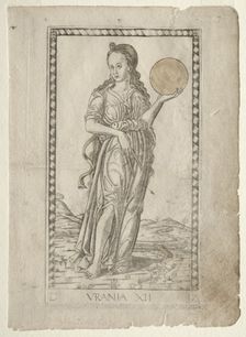 Urania (astronomy) (from the Tarocchi series D: Apollo and the Muses, #12), before 1467. Creator: Master of the E-Series Tarocchi (Italian, 15th century)