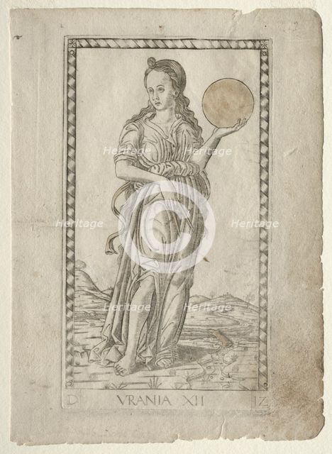 Urania (astronomy) (from the Tarocchi series D: Apollo and the Muses, #12), before 1467. Creator: Master of the E-Series Tarocchi (Italian, 15th century).